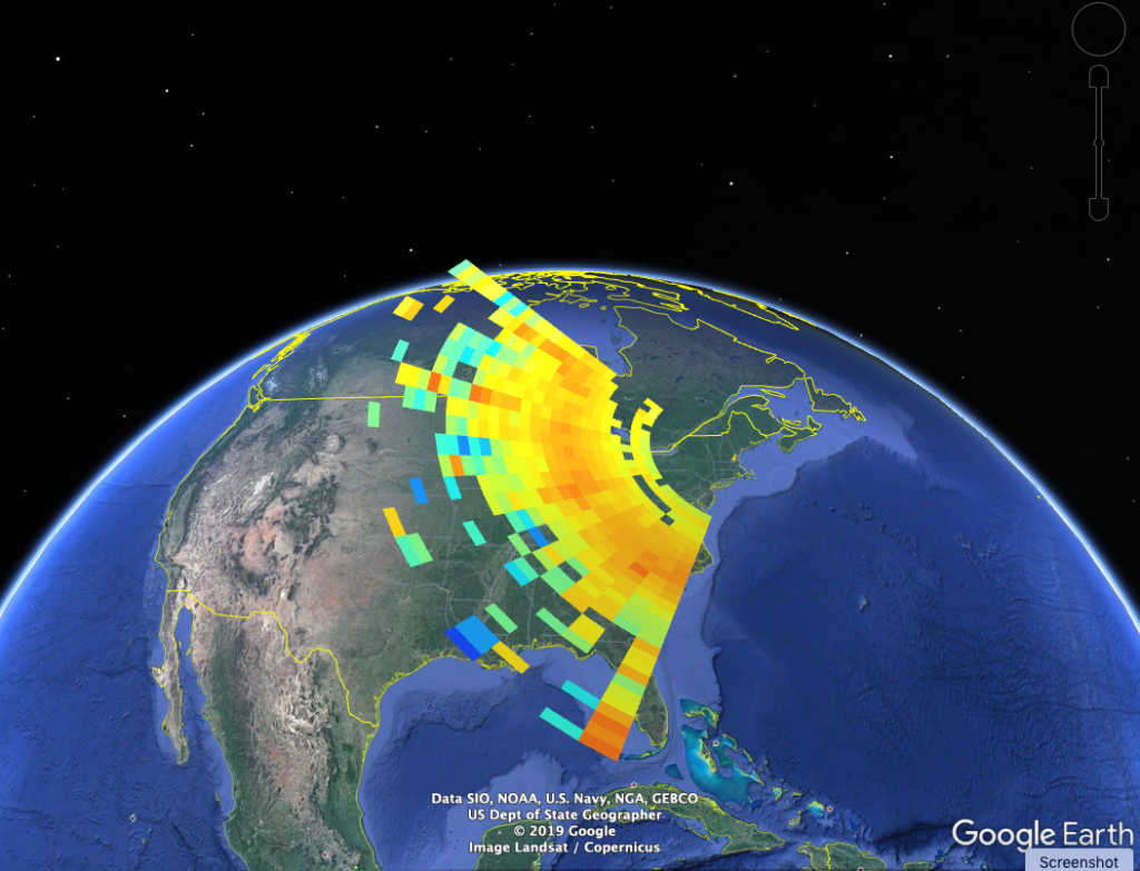 Madrigal data on a globe showing the range of the Millstone antenna to the southwest